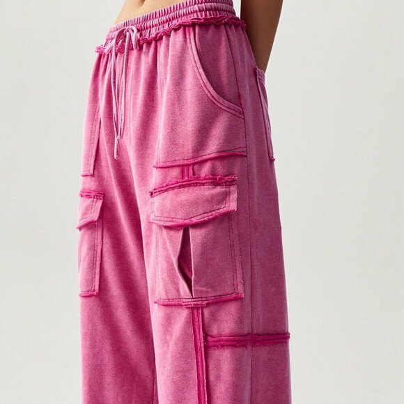 Hot Pink Casual Women's Vacation Knit Pocket Wide Leg Pants - Picture 7 of 7